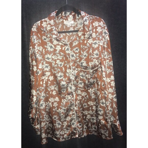 La Ligne Target Pajama Satin Top 2x Brown White Floral Long Sleeve Shirt Button - Picture 5 of 9
